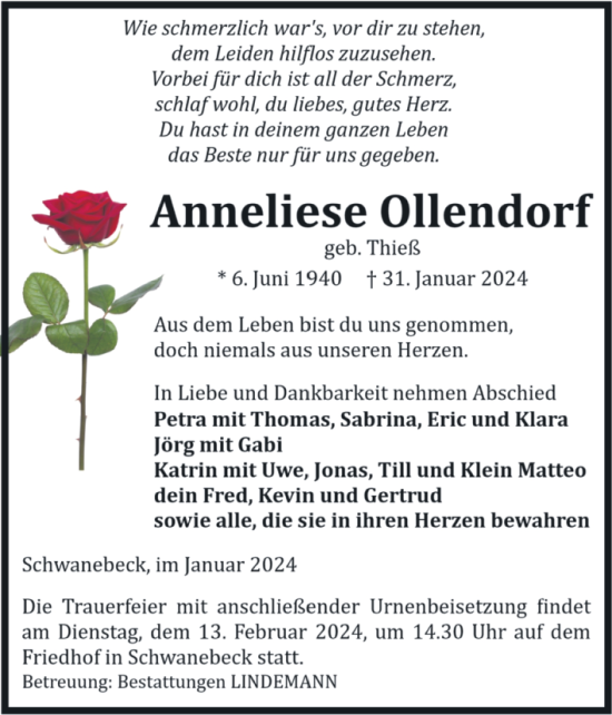 Traueranzeige von Anneliese Ollendorf von Volksstimme Halberstadt