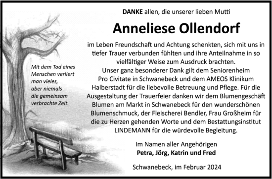 Traueranzeige von Anneliese Ollendorf von Volksstimme Halberstadt