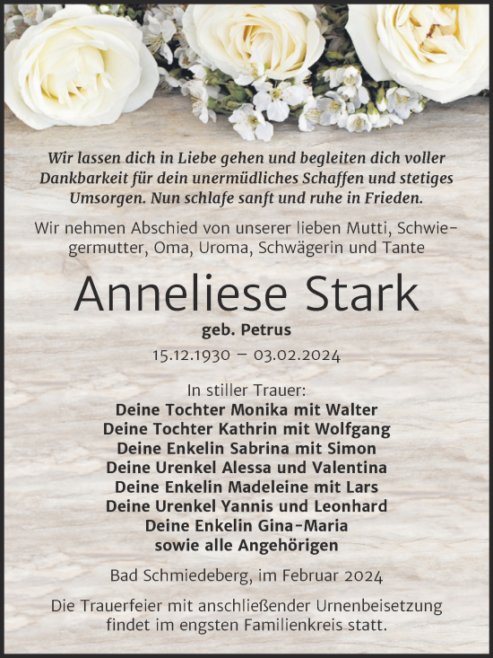 Traueranzeige von Anneliese Stark von Trauerkombi Wittenberg