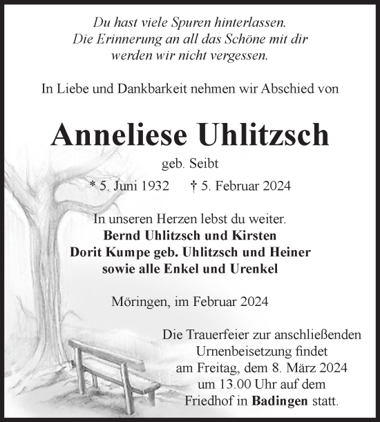 Traueranzeige von Anneliese Uhlitzsch von Volksstimme Altmark Ost