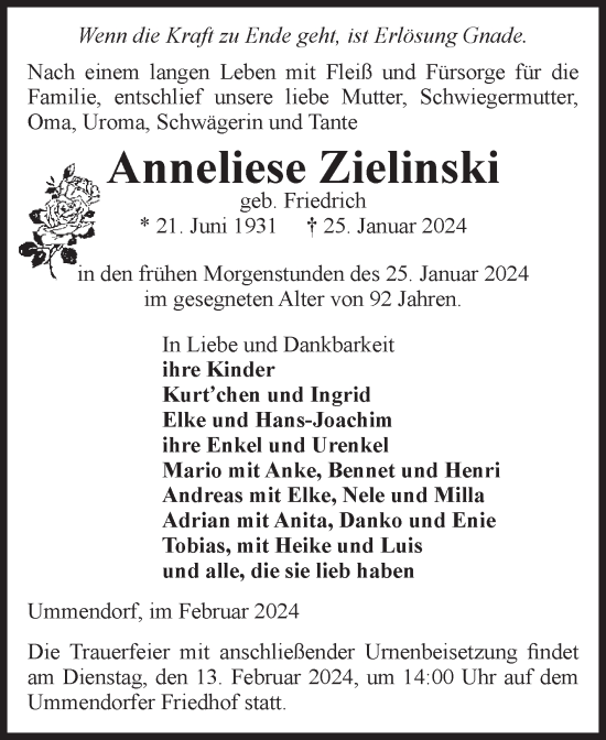 Traueranzeige von Anneliese Zielinski von Volksstimme Oschersleben/Wanzleben