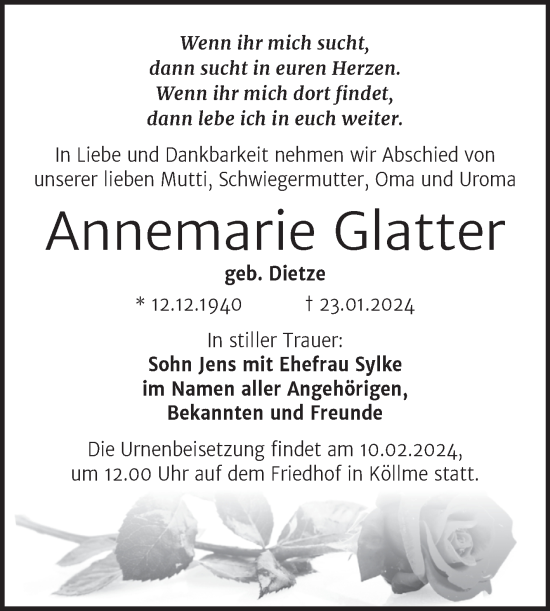 Traueranzeige von Annemarie Glatter von Mitteldeutsche Zeitung Halle/Saalkreis