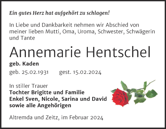 Traueranzeige von Annemarie Hentschel von Trauerkombi Zeitz