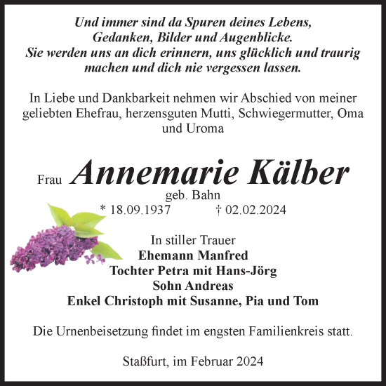 Traueranzeige von Annemarie Kälber von Volksstimme Staßfurt