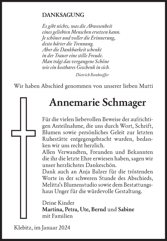 Traueranzeige von Annemarie Schmager von Super Sonntag Wittenberg
