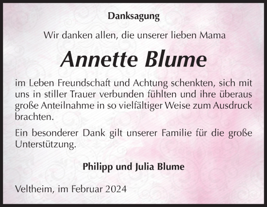 Traueranzeige von Annette Blume von Volksstimme Halberstadt