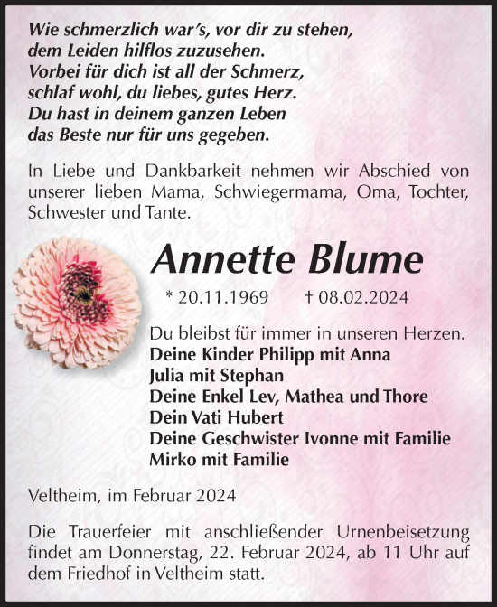 Traueranzeige von Annette Blume von Volksstimme Halberstadt