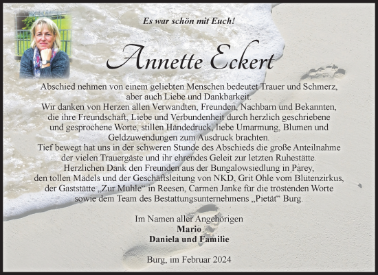 Traueranzeige von Annette Eckert von Volksstimme Burg/Genthin