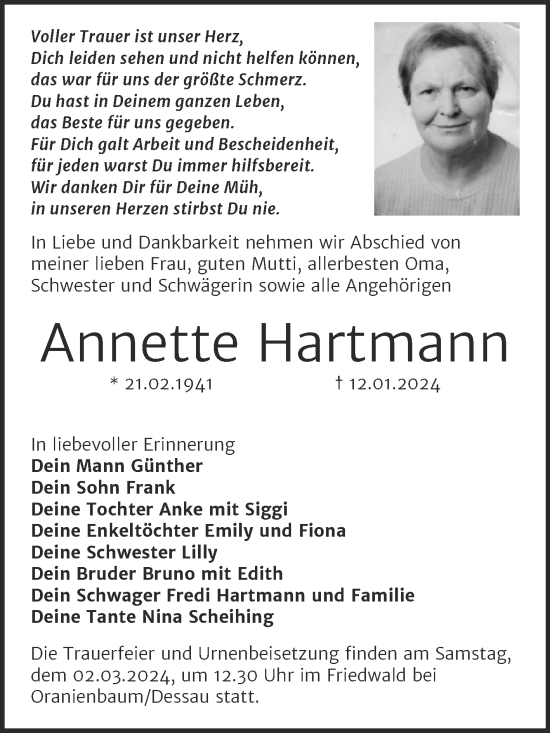 Traueranzeige von Annette Hartmann von Trauerkombi Wittenberg