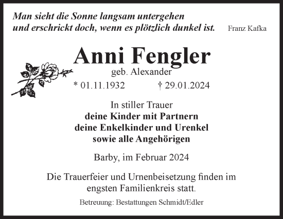 Traueranzeige von Anni Fengler von Volksstimme Schönebeck