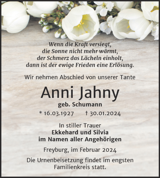 Traueranzeige von Anni Jahny von Naumburger Tageblatt