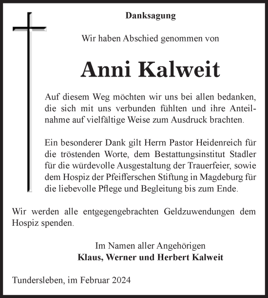 Traueranzeige von Anni Kalweit von Volksstimme Haldensleben/Wolmirstedt