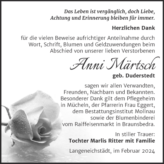 Traueranzeige von Anni Märtsch von Trauerkombi Merseburg