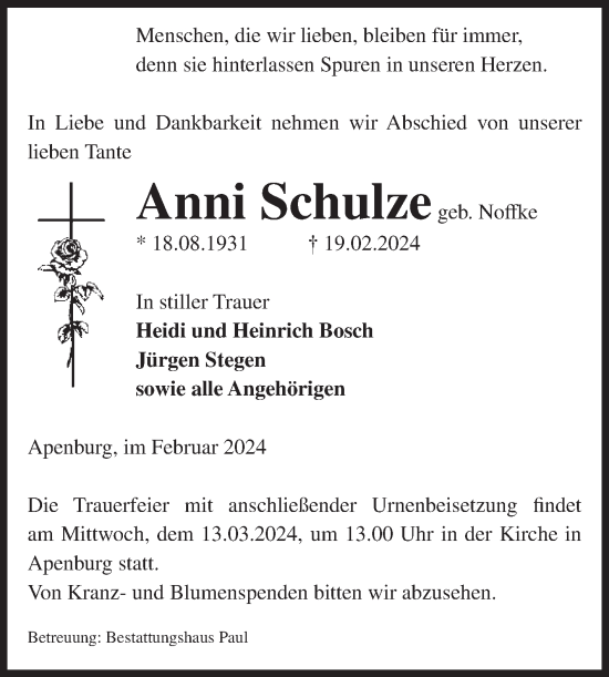 Traueranzeige von Anni Schulze von Volksstimme Altmark West