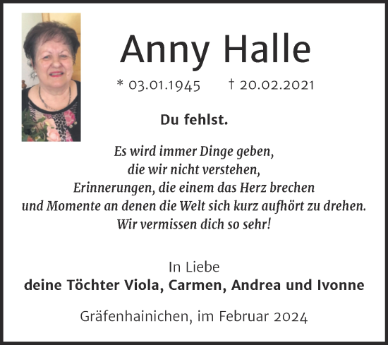 Traueranzeige von Anny Halle von Trauerkombi Wittenberg