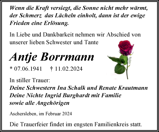Traueranzeige von Antje Borrmann von Trauerkombi Aschersleben