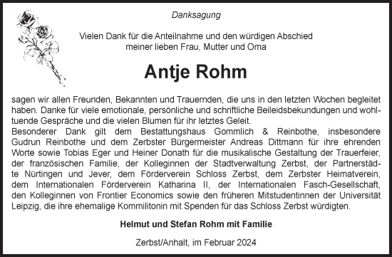 Traueranzeige von Antje Rohm von Volksstimme Zerbst