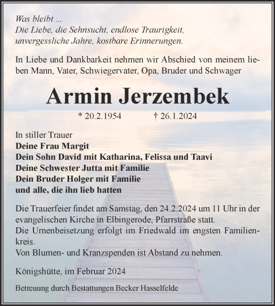 Traueranzeige von Armin Jerzembek von Volksstimme Wernigerode