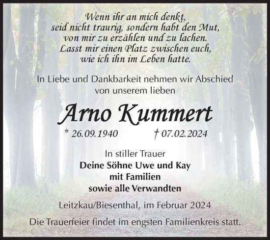Traueranzeige von Arno Kummert von Volksstimme Burg/Genthin