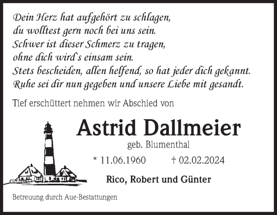 Traueranzeige von Astrid Dallmeier von Volksstimme Magdeburg