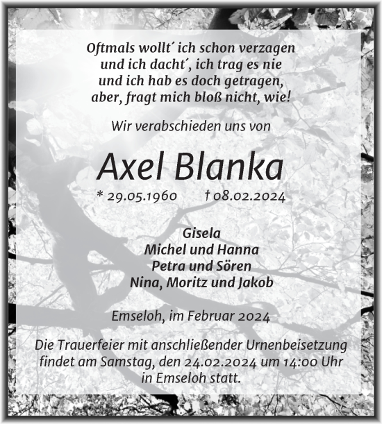 Traueranzeige von Axel Blanka von Trauerkombi Sangerhausen