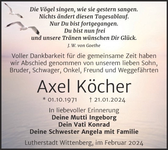 Traueranzeige von Axel Köcher von Trauerkombi Wittenberg