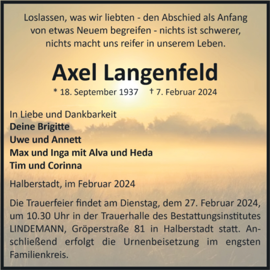 Traueranzeige von Axel Langenfeld von Volksstimme Halberstadt