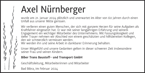 Traueranzeige von Axel Nürnberger von Super Sonntag Naumburg/Nebra