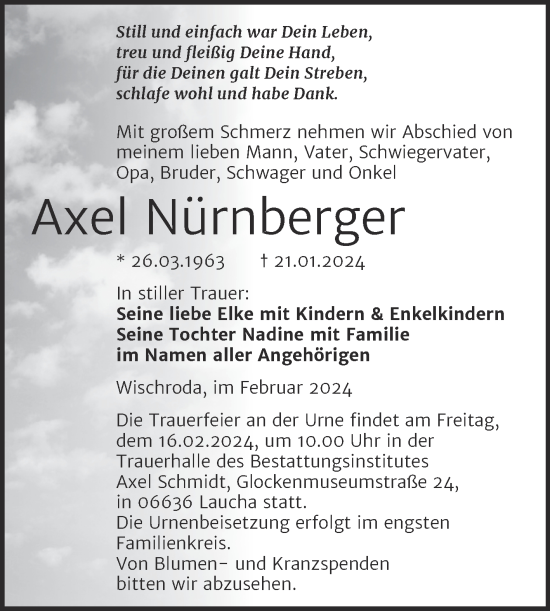 Traueranzeige von Axel Nürnberger von Super Sonntag Naumburg/Nebra