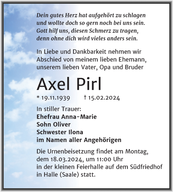 Traueranzeige von Axel Pirl von Mitteldeutsche Zeitung Halle/Saalkreis