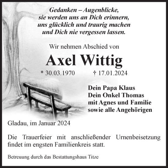 Traueranzeige von Axel Wittig von Volksstimme Burg/Genthin