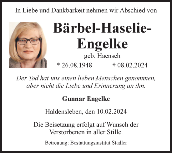 Traueranzeige von Bärbel Engelke von Volksstimme Haldensleben/Wolmirstedt