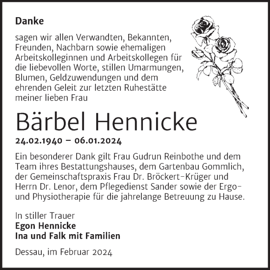 Traueranzeige von Bärbel Hennicke von Trauerkombi Dessau