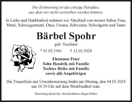 Traueranzeige von Bärbel Spohr von Volksstimme Magdeburg