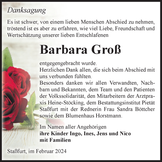 Traueranzeige von Barbara Groß von Volksstimme Staßfurt