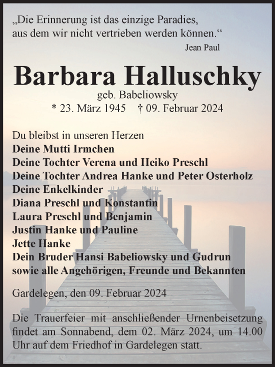 Traueranzeige von Barbara Halluschky von Volksstimme Altmark West