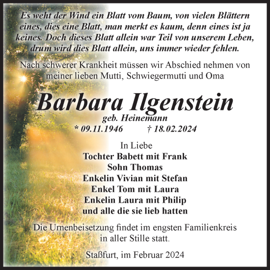 Traueranzeige von Barbara Ilgenstein von Volksstimme Staßfurt