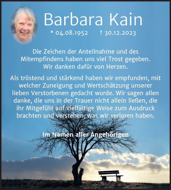 Traueranzeige von Barbara Kain von Trauerkombi Sangerhausen