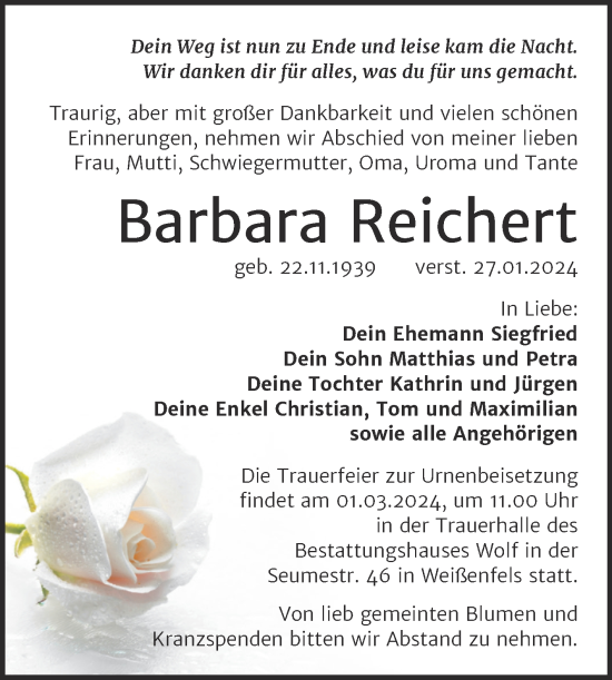 Traueranzeige von Barbara Reichert von Trauerkombi Weißenfels