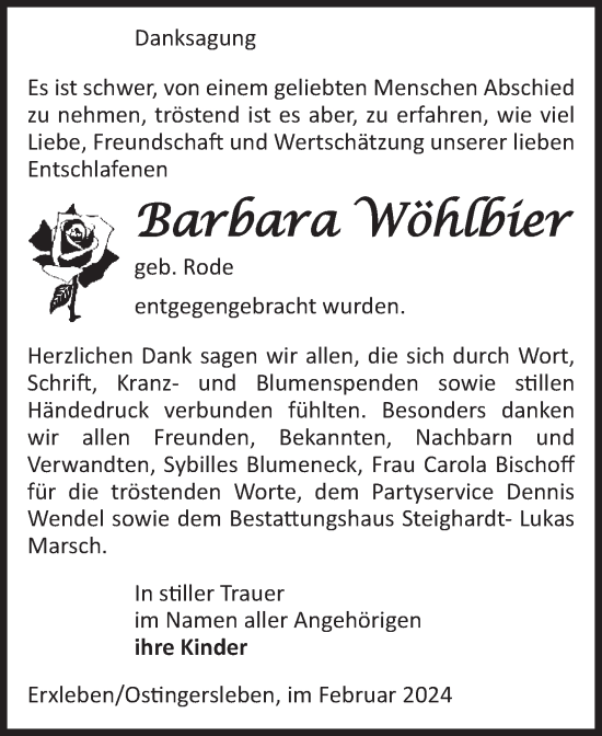 Traueranzeige von Barbara Wöhlbier von Volksstimme Haldensleben/Wolmirstedt