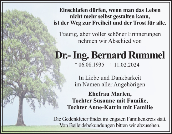 Traueranzeige von Bernard Rummel von Trauerkombi Dessau