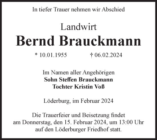 Traueranzeige von Bernd Brauckmann von Volksstimme Staßfurt