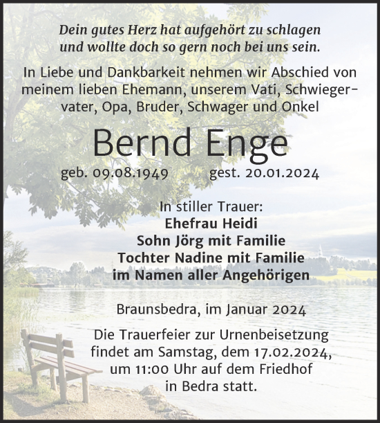 Traueranzeige von Bernd Enge von Trauerkombi Merseburg
