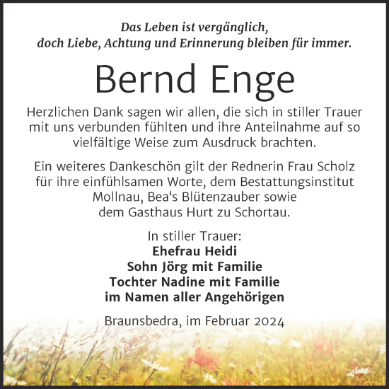 Traueranzeige von Bernd Enge von Trauerkombi Merseburg