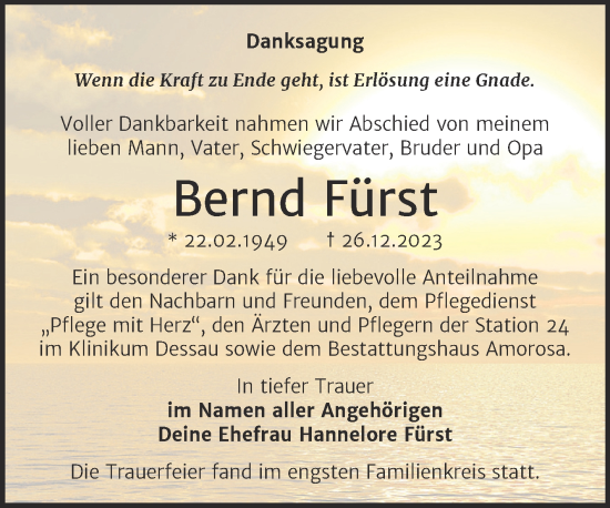 Traueranzeige von Bernd Fürst von Trauerkombi Dessau