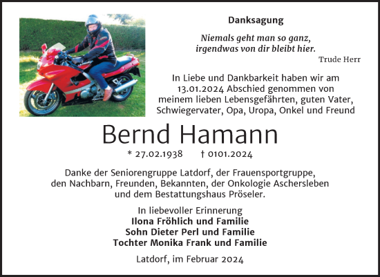 Traueranzeige von Bernd Hamann von Trauerkombi Bernburg