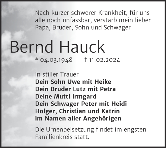 Traueranzeige von Bernd Hauck von Trauerkombi Bitterfeld