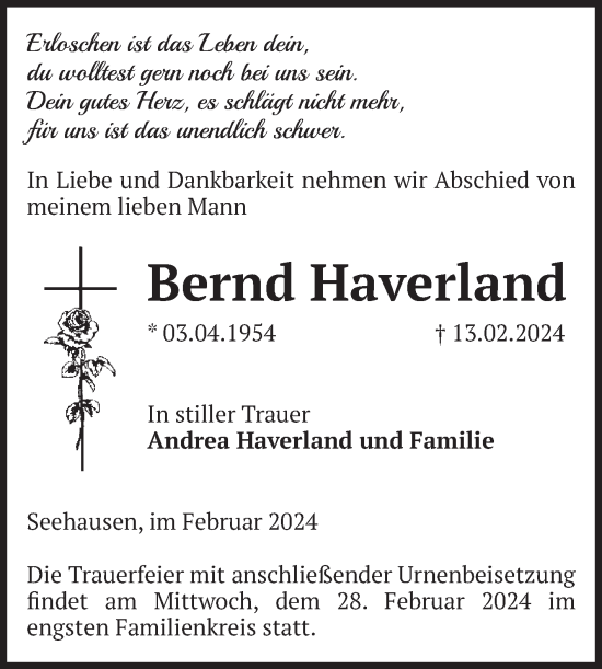 Traueranzeige von Bernd Haverland von Volksstimme Altmark Ost
