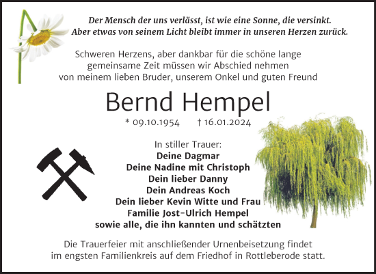Traueranzeige von Bernd Hempel von Trauerkombi Sangerhausen