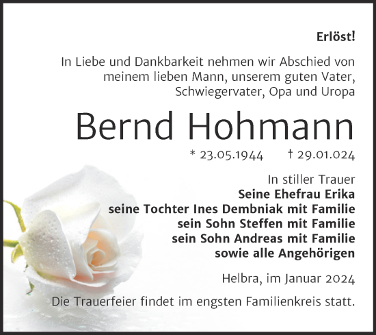 Traueranzeige von Bernd Hohmann von Mitteldeutsche Zeitung Mansfelder Land